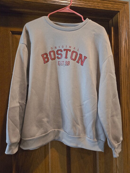 SHEIN Tops - SHEIN Light Tan Sweatshirt with Red Boston Graphic